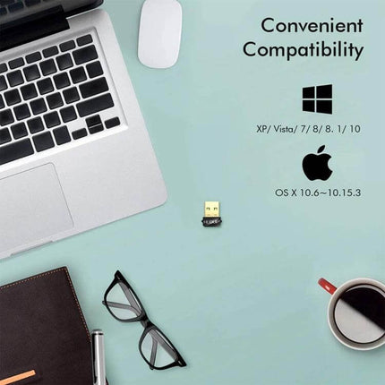 EDUP USB WiFi Adapter for Wireless Internet on Laptops and Desktops plugged into USB beside laptop, showing compatibility with Windows and macOS