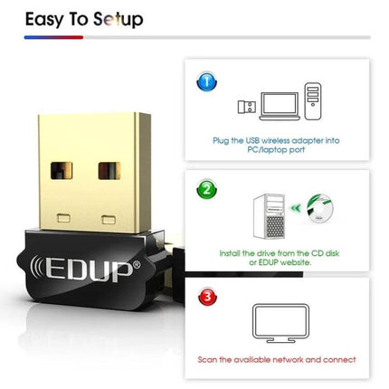 EDUP USB WiFi Adapter for Wireless Internet on Laptops and Desktops - compact USB plug-and-play adapter with setup steps