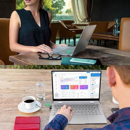 EDUP USB WiFi Adapter for Wireless Internet on Laptops and Desktops showing compact USB adapter connected to laptop in café and workspace scene