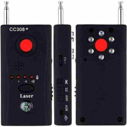 Portable Hidden Camera and Signal Detector for Privacy Protection - handheld CC308+ device showing front, side and back views with LED indicators and antenna