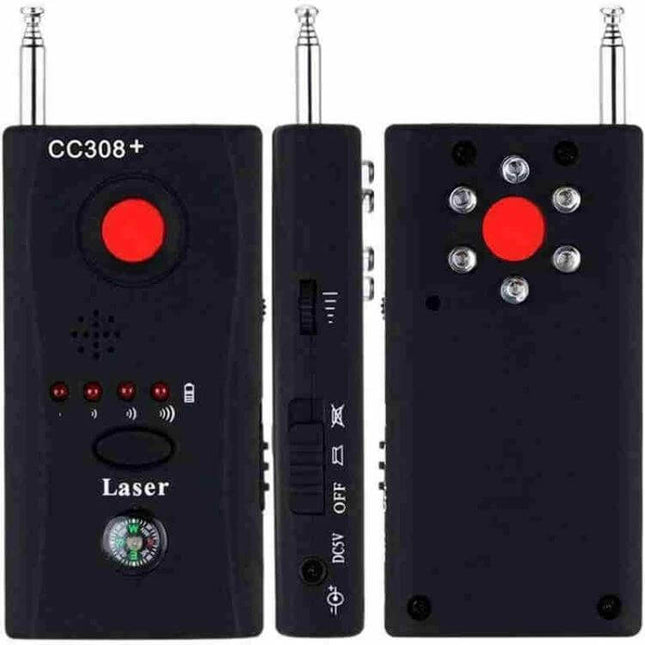 Portable Hidden Camera and Signal Detector for Privacy Protection - handheld CC308+ device showing front, side and back views with LED indicators and antenna