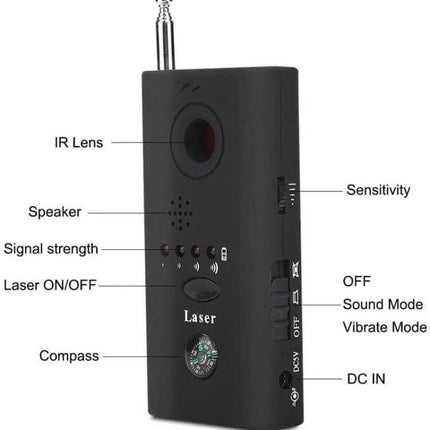 Portable Hidden Camera and Signal Detector for Privacy Protection - handheld black bug detector with IR lens, laser, signal strength LEDs, compass