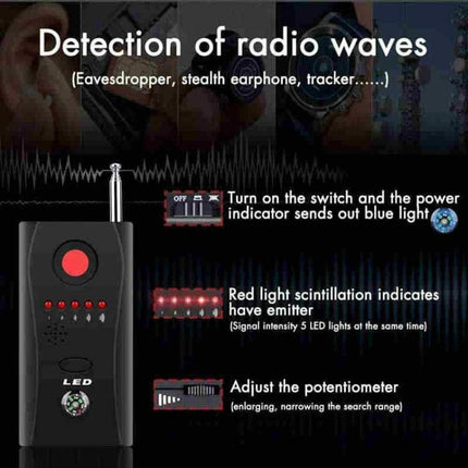 Portable Hidden Camera and Signal Detector for Privacy Protection - handheld radio wave detector showing LED indicators, antenna, and potentiometer controls