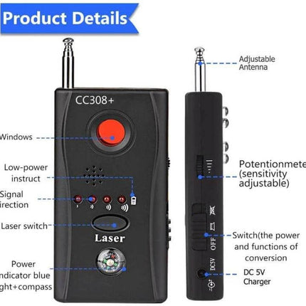 Portable Hidden Camera and Signal Detector for Privacy Protection - CC308+ handheld unit with adjustable antenna, laser detection and sensitivity controls