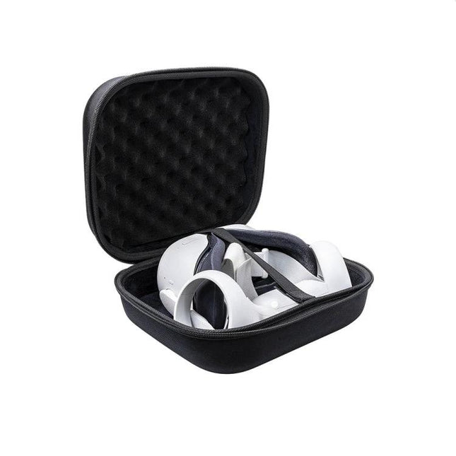 Durable Protective Storage Case for Oculus Quest 2 VR Headset with hard-shell, foam interior and straps securing headset for travel and storage