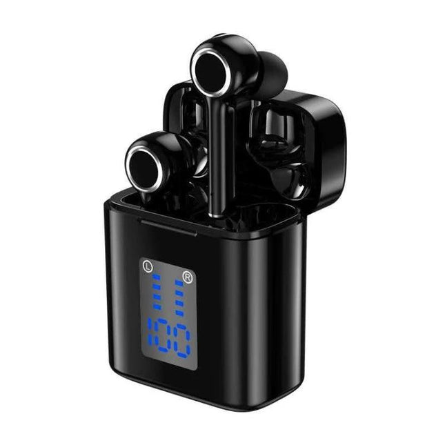 TG Wireless Earbuds With Charging Case And LED Display black TWS earbuds in ergonomic case showing blue LED battery level