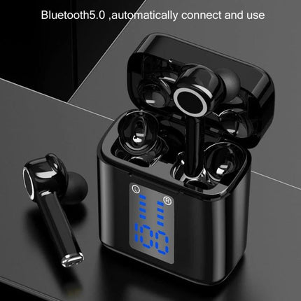 TG Wireless Earbuds With Charging Case And LED Display showing black earbuds in open charging case with blue LED battery indicator