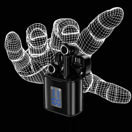 TG Wireless Earbuds With Charging Case And LED Display showing sleek black earbuds in case with blue LED battery screen