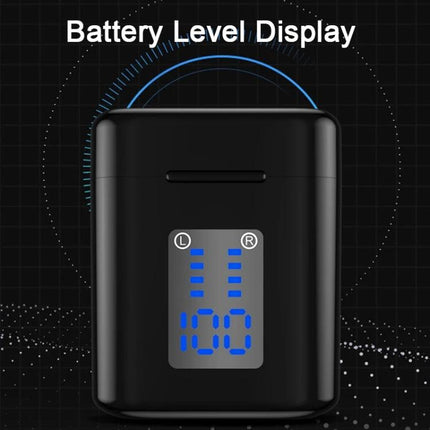 TG Wireless Earbuds With Charging Case And LED Display showing black charging case with blue 100% LED battery level