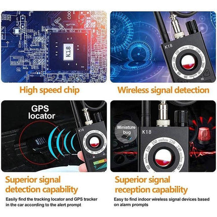 Portable Privacy Detector for Hidden Cameras and Devices handheld K18 scanner detecting GPS, wireless signals and miniature bugs in hotel, car, meeting rooms