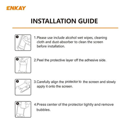 Hat-Prince ENKAY Camera Lens Tempered Glass Protector For Everyday Use installation guide showing 4-step protector application and cleaning steps