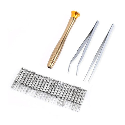 Portable 27-in-1 Magnetic Screwdriver Set for Device Repair - slim gold handle, 24 precision bits and 2 tweezers shown