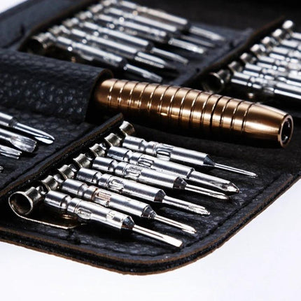 Portable 27-in-1 Magnetic Screwdriver Set for Device Repair compact kit with handle, 24 precision bits and tweezers in a leather case