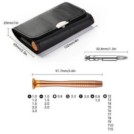 Portable 27-in-1 Magnetic Screwdriver Set for Device Repair compact leather case, precision handle, bits and tweezers visible