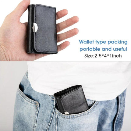 Portable 27-in-1 Magnetic Screwdriver Set for Device Repair with compact wallet-style black case shown in hand and pocket