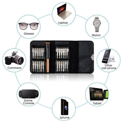 Portable 27-in-1 Magnetic Screwdriver Set for Device Repair compact kit with 24 precision bits, tweezers and handle in black case