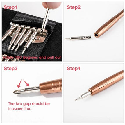 Portable 27-in-1 Magnetic Screwdriver Set for Device Repair showing bit selection and assembly steps