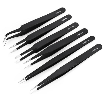 Stainless Steel Anti-Static Tweezers Set for Electronic Maintenance, 6 Pieces - six black ESD tweezers for precise circuit board and IC handling
