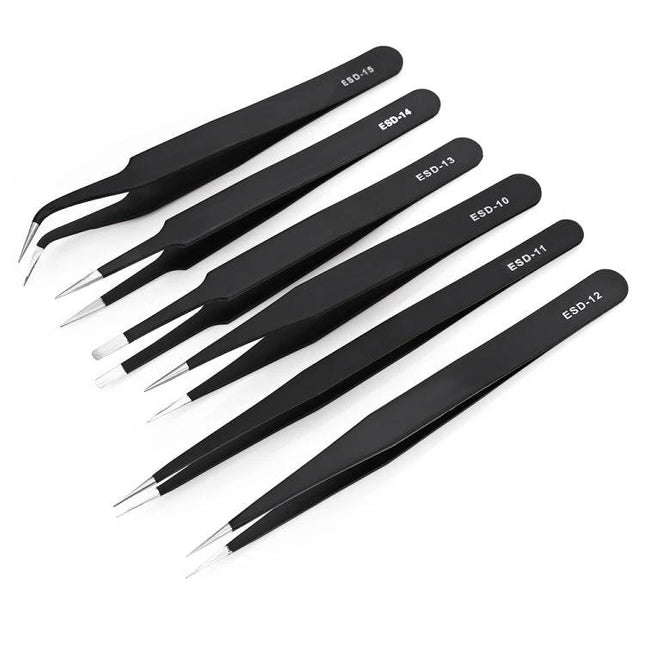 Stainless Steel Anti-Static Tweezers Set for Electronic Maintenance, 6 Pieces - six black ESD tweezers for precise circuit board and IC handling