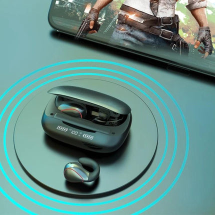 Wireless Touch Earbuds With Charging Case For Commuting showing sleek T20 TWS earbuds in open LED case on wireless pad