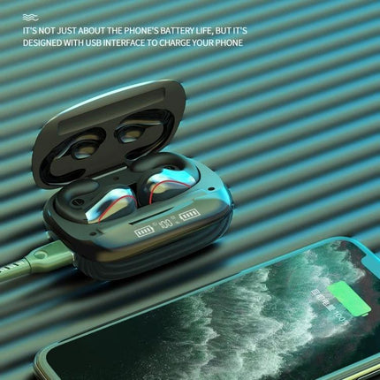 Wireless Touch Earbuds With Charging Case For Commuting shown with open LED charging case and phone charging cable