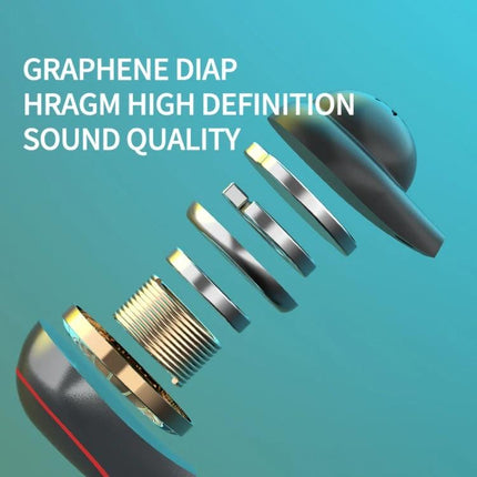 Wireless Touch Earbuds With Charging Case For Commuting showing exploded graphene driver components and touch controls