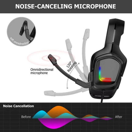 Onikuma Gaming Headset With Detachable Mic For Console Play showing detachable omnidirectional mic and LED lighting