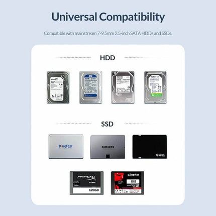 ORICO Portable Enclosure for 2.5 Inch Hard Drives showing universal compatibility with 2.5" HDDs and SSDs for Windows Mac Linux, tool-free installation