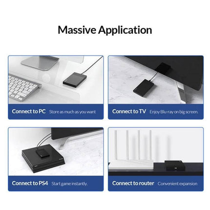 ORICO Portable Enclosure for 2.5 Inch Hard Drives showing tool-free portable HDD connected to PC, TV, PS4 and router for backups and file transfer