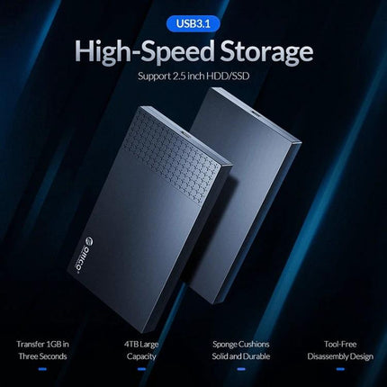 ORICO Portable Enclosure for 2.5 Inch Hard Drives slim USB 3.1 external case showing two black tool-free enclosures for 2.5" HDD/SSD