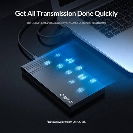 ORICO Portable Enclosure for 2.5 Inch Hard Drives connected to a laptop, showing fast data transfer icons and USB cable