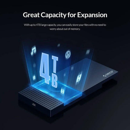 ORICO Portable Enclosure for 2.5 Inch Hard Drives showing 4TB expansion capability and tool-free portable HDD conversion