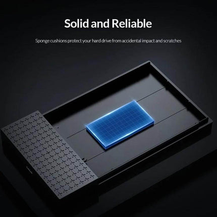 ORICO Portable Enclosure for 2.5 Inch Hard Drives showing tool-free internal tray with sponge cushions for solid and reliable drive protection
