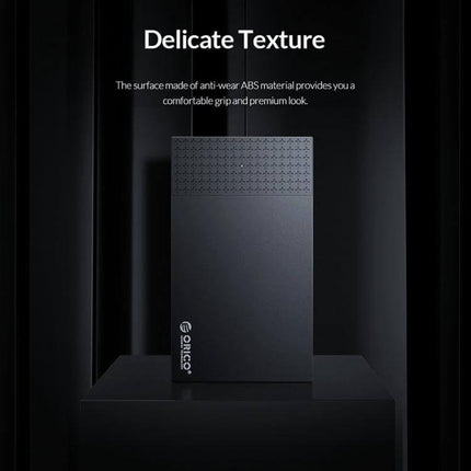 ORICO Portable Enclosure for 2.5 Inch Hard Drives in matte black with delicate textured ABS surface, tool-free 2.5" HDD to external drive converter