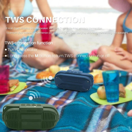 NewRixing Portable Bluetooth Speaker For Home And Travel With Mic shown on beach picnic demonstrating TWS pairing and built‑in mic