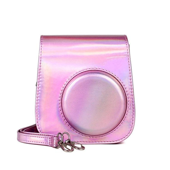 Richwell PU Leather Camera Bag for Fujifilm Instax Mini 11 with Strap pink holographic protective case with detachable strap