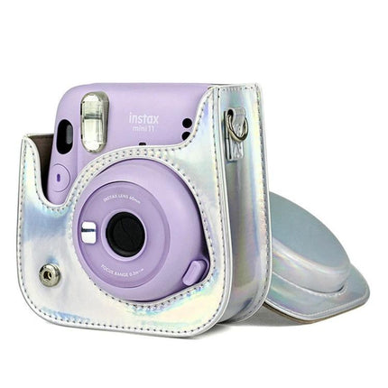 Richwell PU Leather Camera Bag for Fujifilm Instax Mini 11 with Strap - iridescent waterproof PU case protecting lavender Instax Mini 11 with shoulder strap