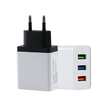 Compact USB Charger for Travel and Everyday Use - white 3-port wall adapter with colored USB ports for smartphone, tablet, earbuds, travel charging