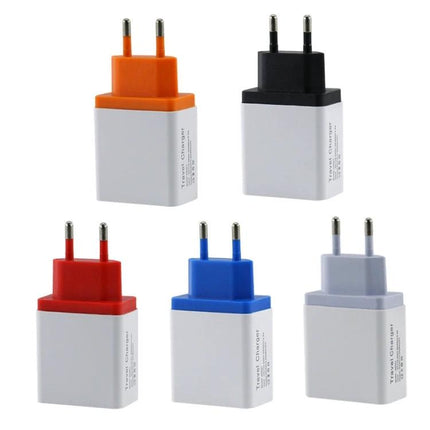Compact USB Charger for Travel and Everyday Use - white dual-port wall charger with colored tops (orange black red blue gray) for smartphone tablet earbuds
