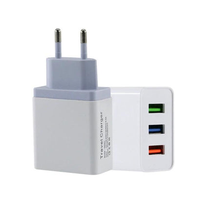 Compact USB Charger for Travel and Everyday Use - white 3-port wall adapter with colored USB ports for smartphone, tablet, earbuds