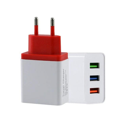 Compact USB Charger for Travel and Everyday Use - white and red 3-port wall adapter charging smartphone tablet earbuds
