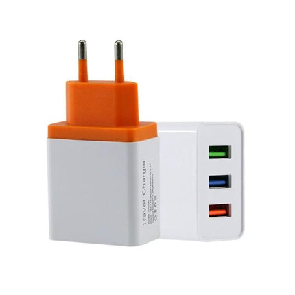 Compact USB Charger for Travel and Everyday Use — white and orange 3-port wall charger for smartphone, tablet, earbuds, compact travel adapter