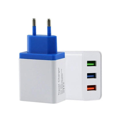 Compact USB Charger for Travel and Everyday Use - compact three-port travel wall charger with EU plug, charges smartphone tablet earbuds simultaneously