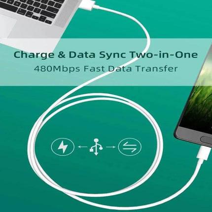 A Handy USB to Micro USB Cable for Daily Device Charging showing white cable between laptop and phone for fast charge and 480Mbps data sync