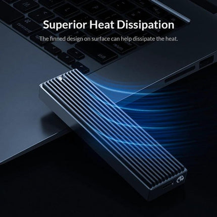 ORICO M2PV-C3 Enclosure for M.2 NVMe SSD External Use showcasing aluminum finned heat-dissipation design next to a laptop