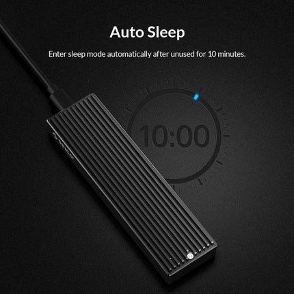 ORICO M2PV-C3 Enclosure for M.2 NVMe SSD External Use showing aluminum ribbed enclosure with Auto Sleep feature and 10:00 timer