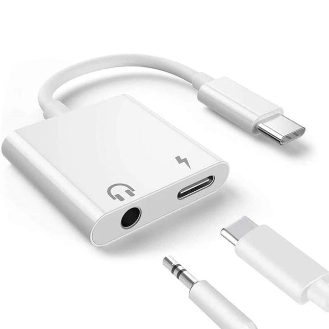USB-C Adapter for Connecting Headphones to Smartphones Daily white dual-port adapter with 3.5mm jack and USB-C charging cable