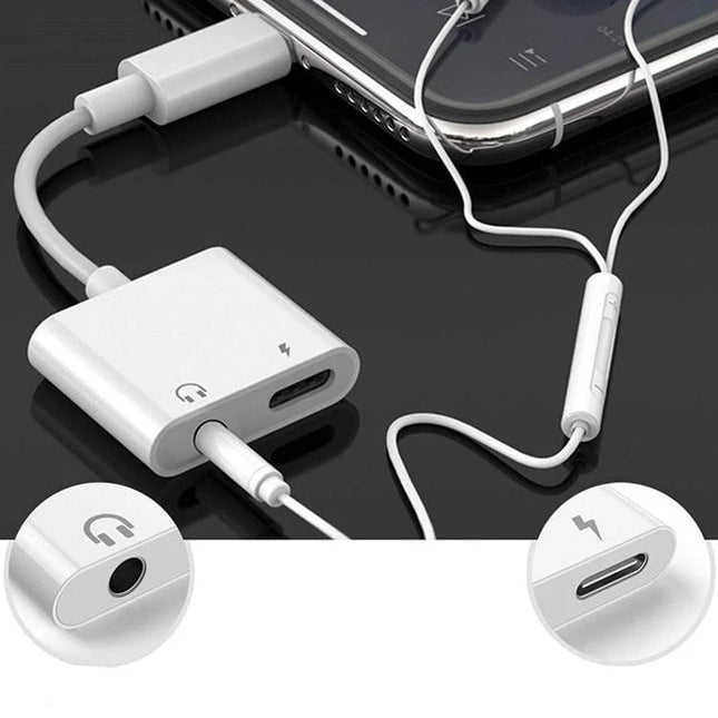 USB-C Adapter for Connecting Headphones to Smartphones Daily — white USB-C to 3.5mm headphone adapter showing simultaneous charging and audio connection