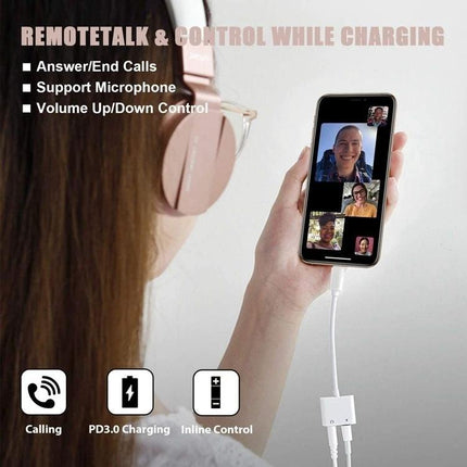 USB-C Adapter for Connecting Headphones to Smartphones Daily showing user on a group call with wired headphones and phone charging