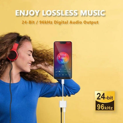 USB-C Adapter for Connecting Headphones to Smartphones Daily – woman listening with wired headphones and phone showing lossless audio via USB-C to 3.5mm adapter